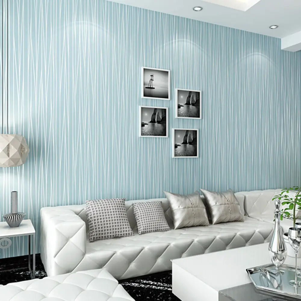 Self-Adhesive Non-Woven Wallpaper Roll, Classic Flocking Solid Stripe Modern Fashion, Living Room Bedroom Use, Light Blue, 20.86x196.85 Inches