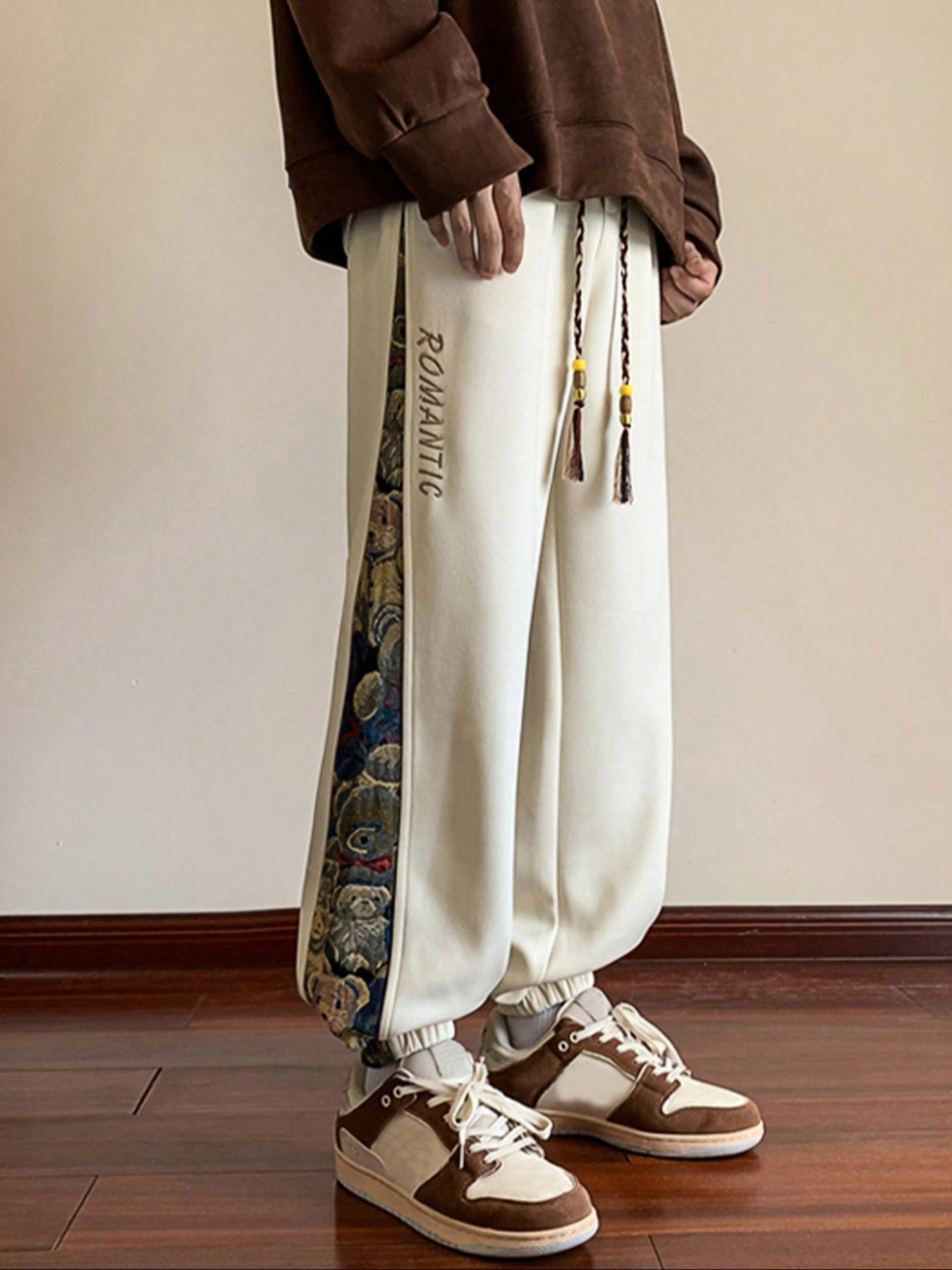 Men's Cartoon Bear Patchwork Print Drawstring Waist Jogger Pants, Casual Regular Fit Pocket Design Trousers for Fall & Winter, Fashion Men's Bottoms for Daily Wear