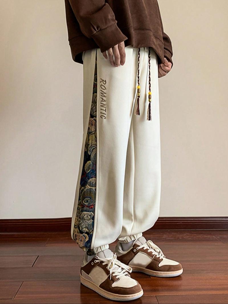 Men's Cartoon Bear Patchwork Print Drawstring Waist Jogger Pants, Casual Regular Fit Pocket Design Trousers for Fall & Winter, Fashion Men's Bottoms for Daily Wear