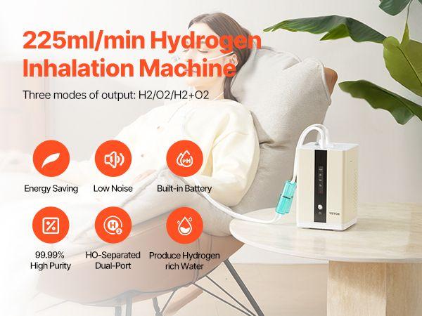 VEVOR Hydrogen Inhalation Machine, 99.99% High Purity Hydrogen Inhaler, HO-Separated 225ml/min (150 H+75 O) Dual Port Hydrogen Oxygen Inhaler, Hydrogen-Rich Water Generator for Home Travel