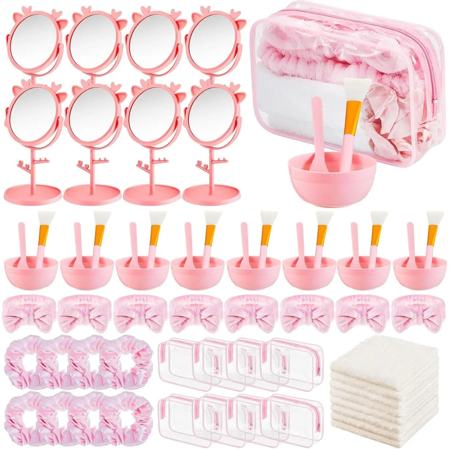 Shinylin 8 Pcs Pink Spa Sleepover Party Supplies Set, for Spa Birthday Party Sleepover Favors Bridesmaid Gifts, Include Face Mask, Mirror, Headband, Scrunchies, Cosmetic Bags, Wash Cloths