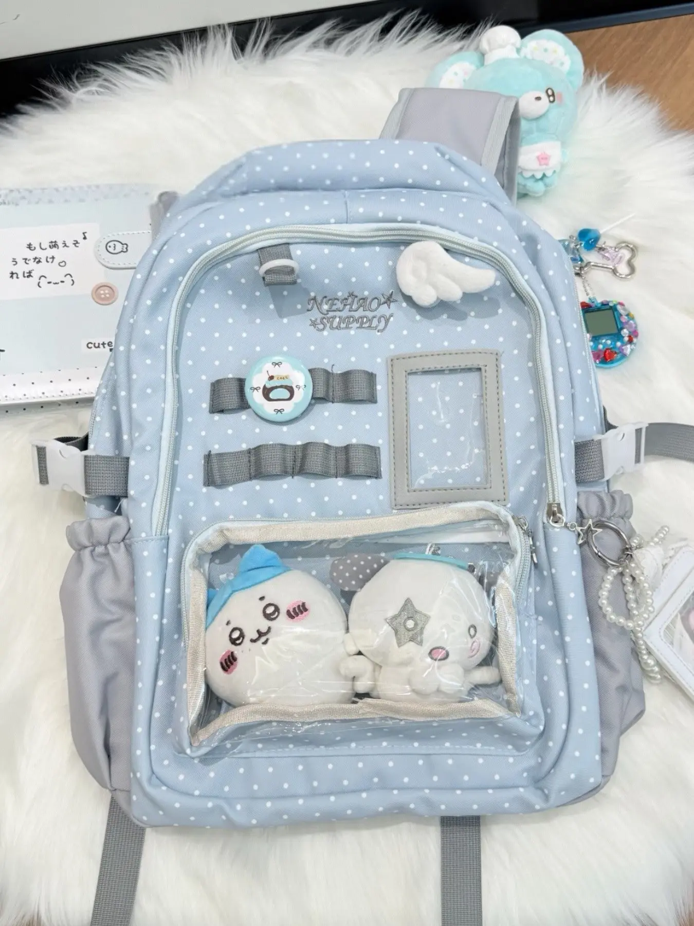 Cute Polka Dot Ita Backpack, NEHAO SUPPLY Transparent Display Backpack, Kawaii School Bag For Plush Keychain, Badges, Anime Fans