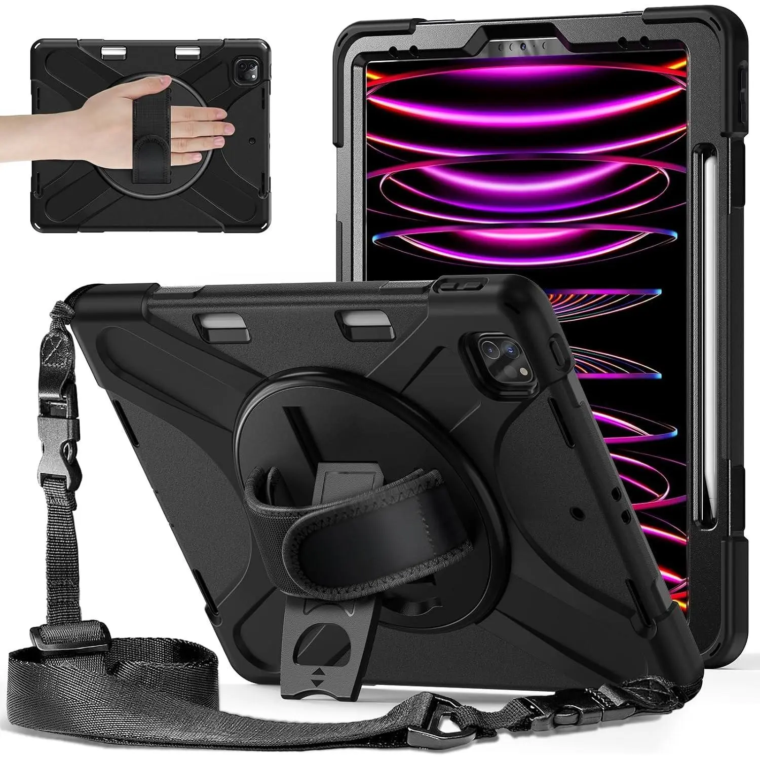 Case for iPad Air 13" (M4/M3/M2) / iPad Pro 12.9" 6th/5th/4th/3rd Gen | -in-1 Case,Adjustable Hand Strap & Stand,  Straps, Pen Holder, Shockproof– For Office, Commute & Presentation