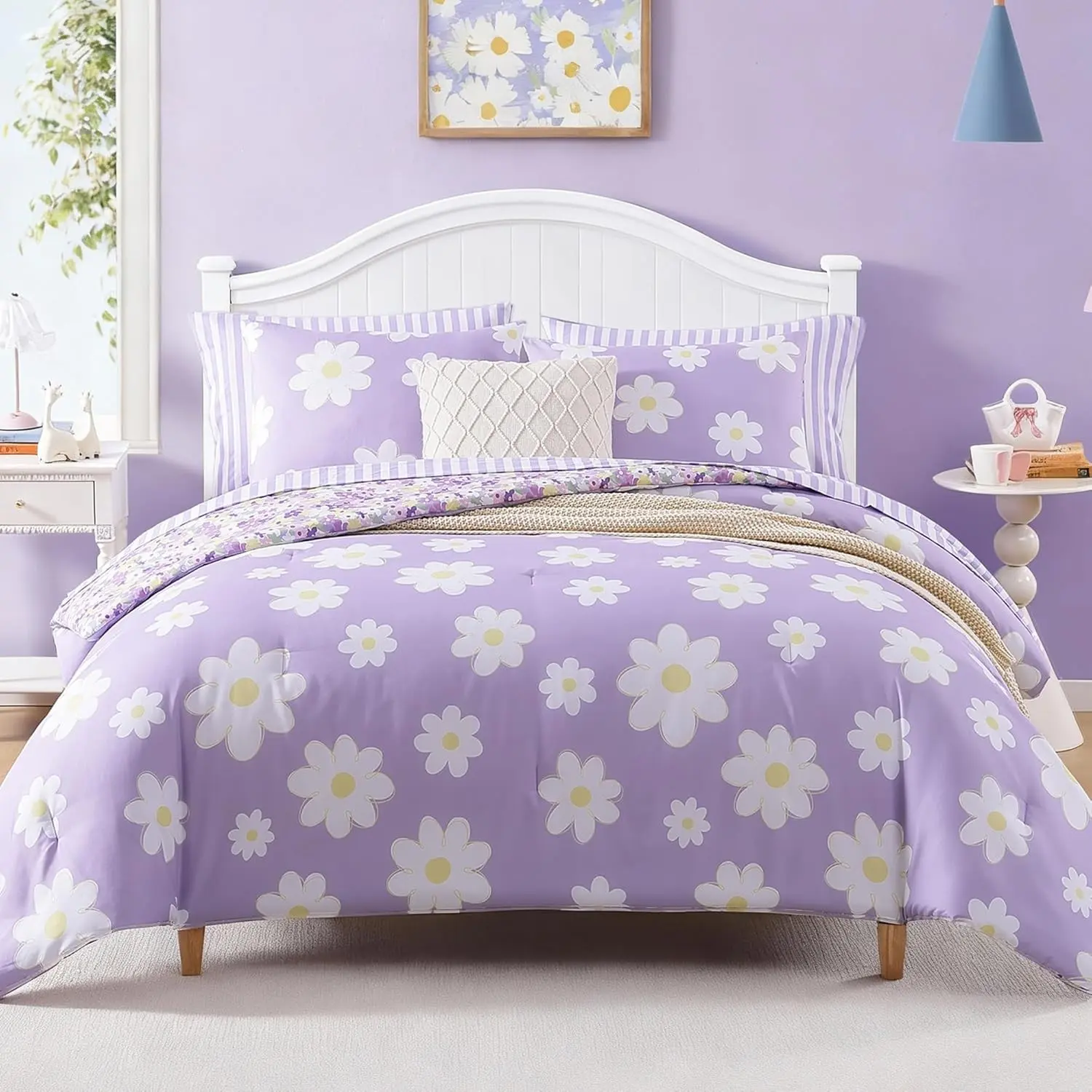 Full Size Comforter Set for Girls Purple Daisy 7 Pieces Bed in a Bag | Reversible Floral All Season Bedding Sets with Sheets, Pillowcase & Sham