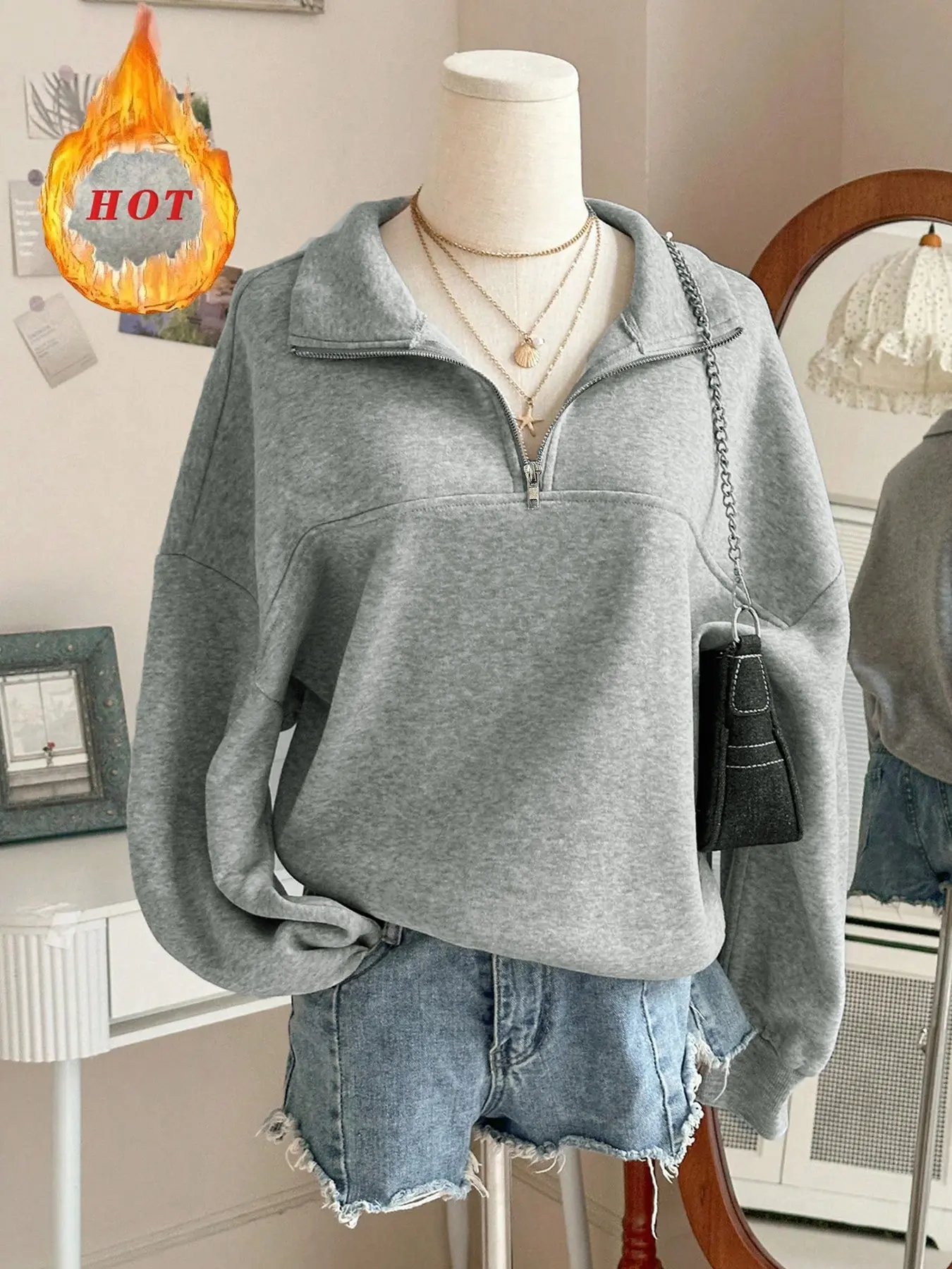 Women Light Heather Grey Half Zip Stand Collar Sweatshirt Long Sleeve Drop Shoulder Loose Fit Soft Fleece Fabric Casual Streetwear Daily Commute Weekend Errands Minimalist Pullover Top Spring Fall Ladies Fashion Apparel