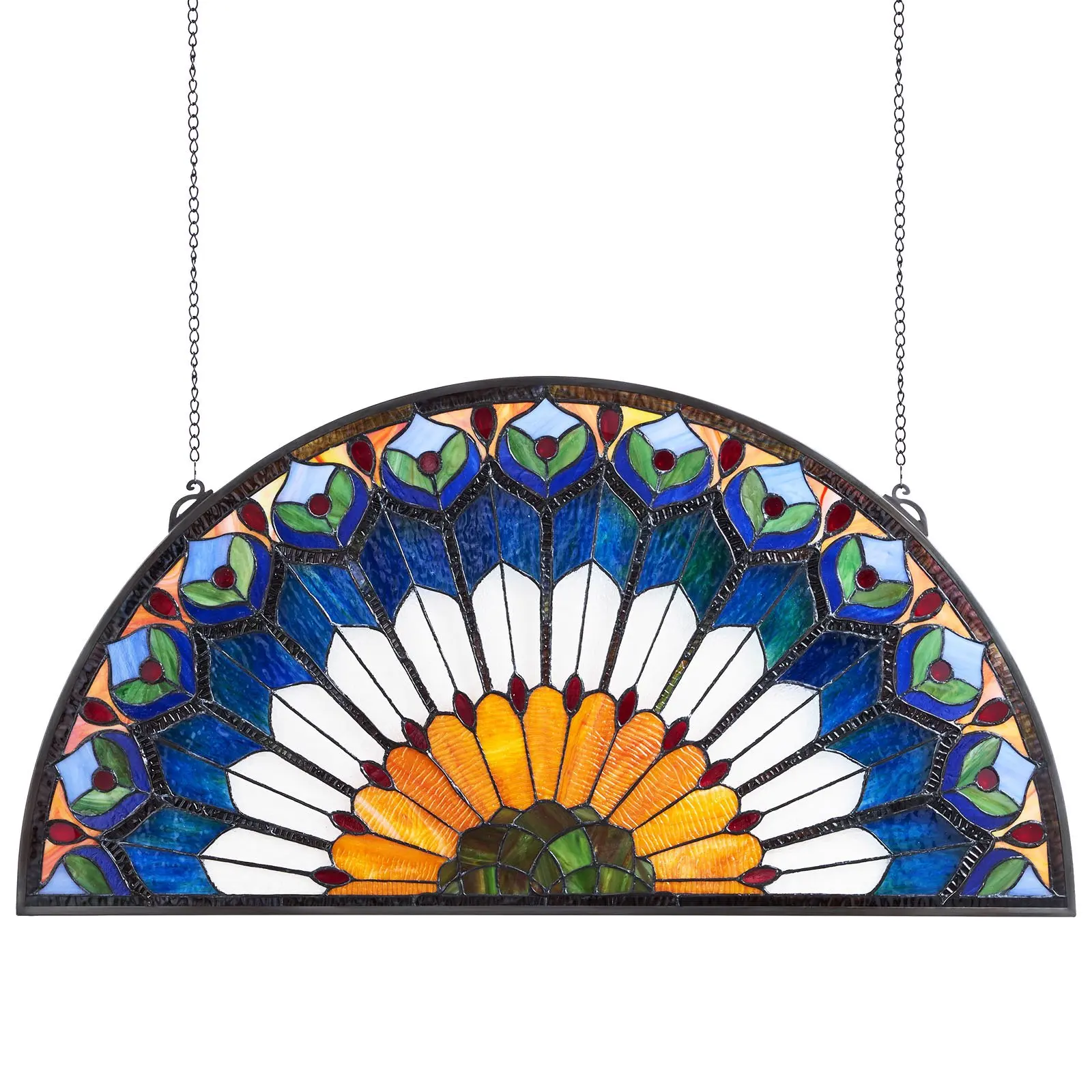 Stained Glass Window Panel, 36x 18 in, Tiffany Style Hanging Transom Window Panel with Chain, Large Half-Round Stain Glass Hanging, Vintage Traditional Art Handcrafts for Kitchen Home Decor