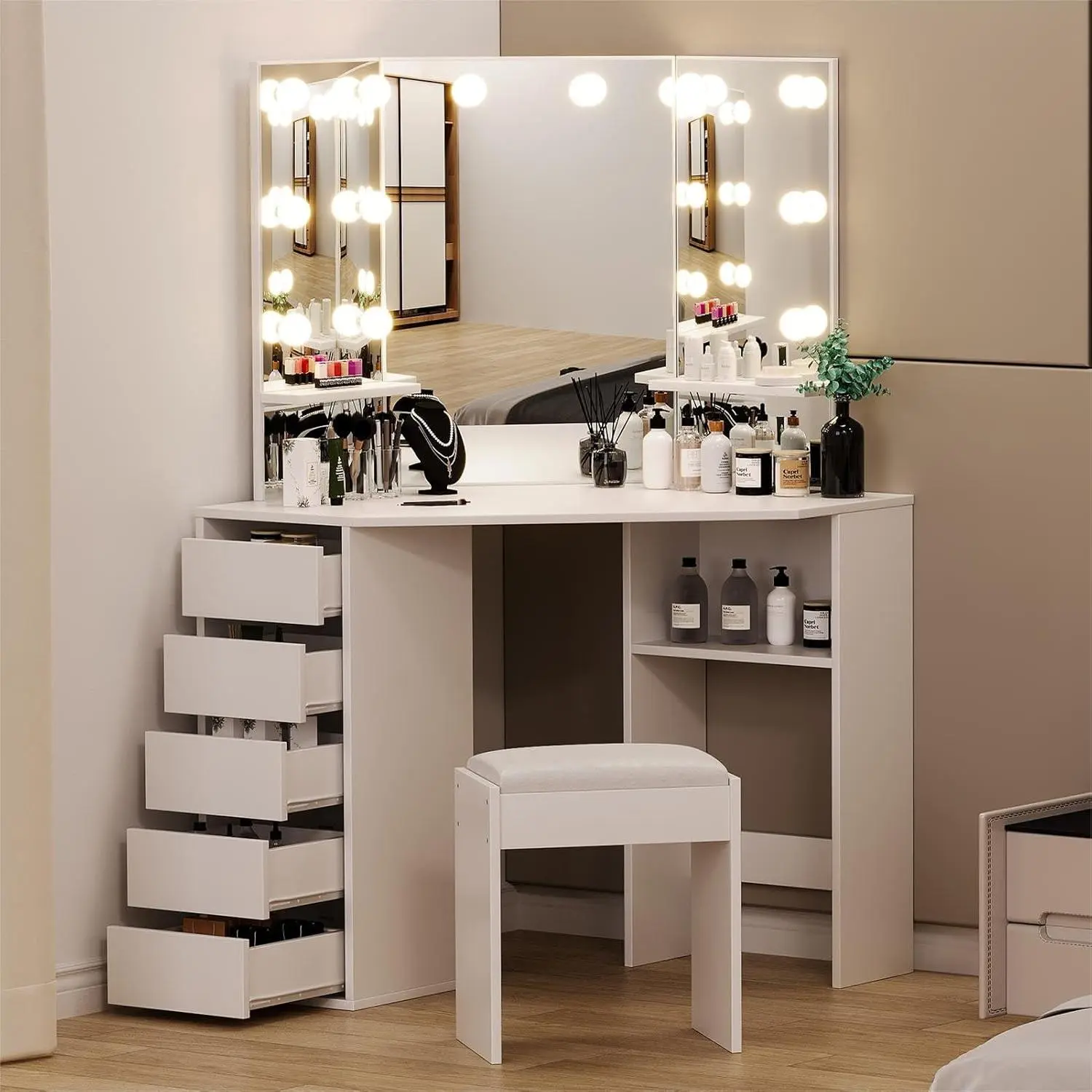 Corner Vanity Desk with Mirror and Lights – 3 Adjustable LED Colors, Cushioned Stool & 5 Drawers for Bedroom