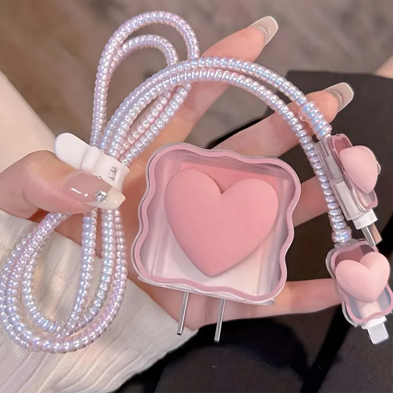 5 Pack pink Love Wave Edge Compatible with iPhone14promax Charger Protective Cover Casing Data Cable Protector iPhone13/12/11 Charger Winder 18/20W Fast Charging Head Anti-Breaking Winder Boyfriend/Girlfriend Gift, Accessories