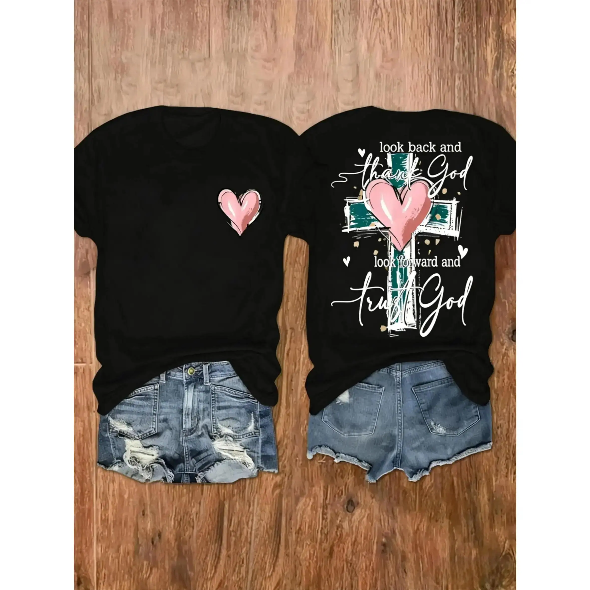 Thank God Trust God Faith Quote Graphic T-Shirt, Pink Heart Cross Print Tee, Classic Crew Neck Shirt, Christian Casual Short Sleeve Top, Trendy Faith Aesthetic Cotton Tee for Christian Believers, Religious Style Fans and Casual Fashion Enthusiasts