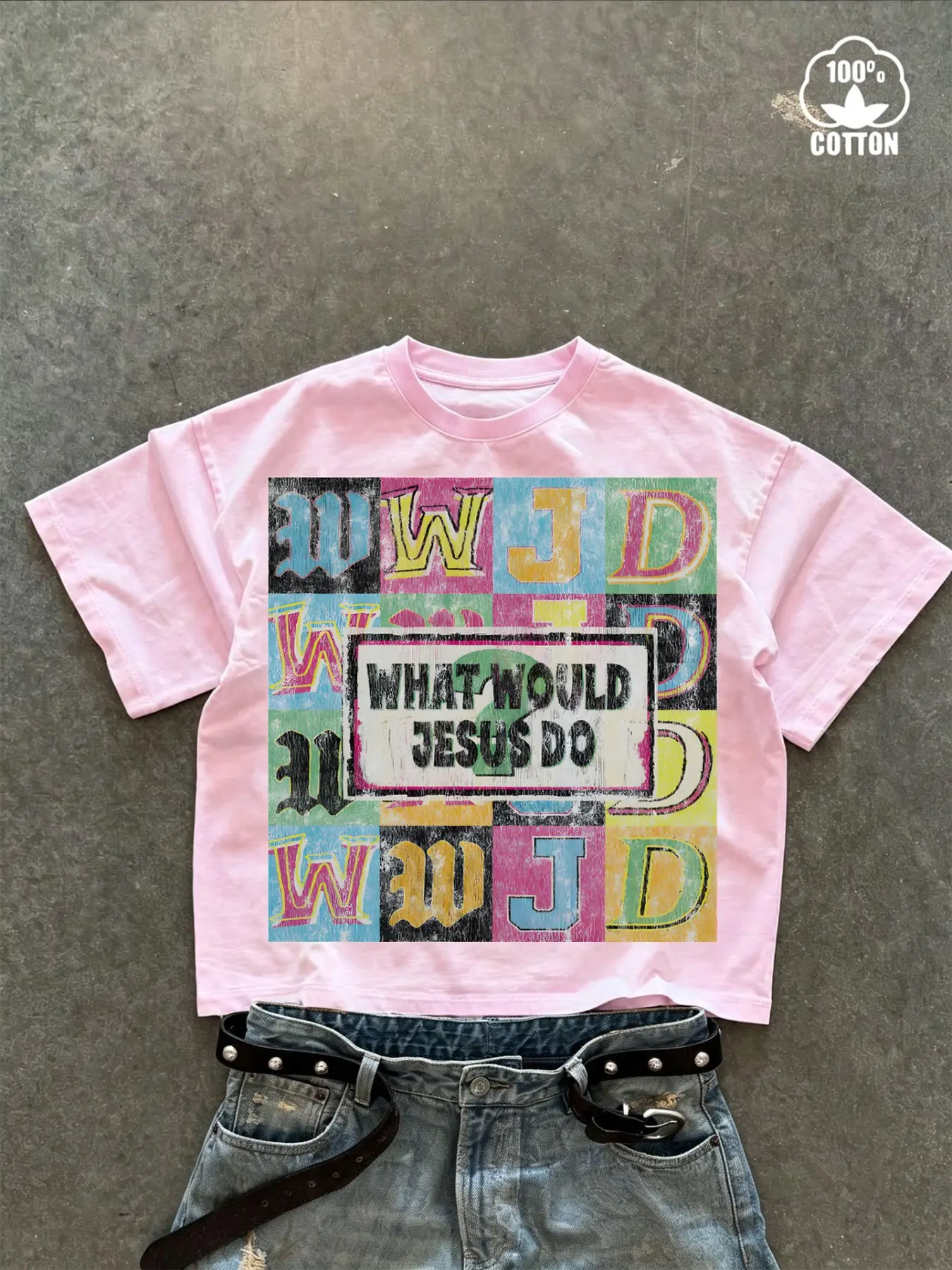Unisex Vintage Distressed WJDJ Jesus Slogan Cropped T-Shirt, Pure Cotton Short Sleeve Y2K Streetwear Top, American Retro Salvation Style Outfit, Trendy Gift for Men & Casual Couple Top