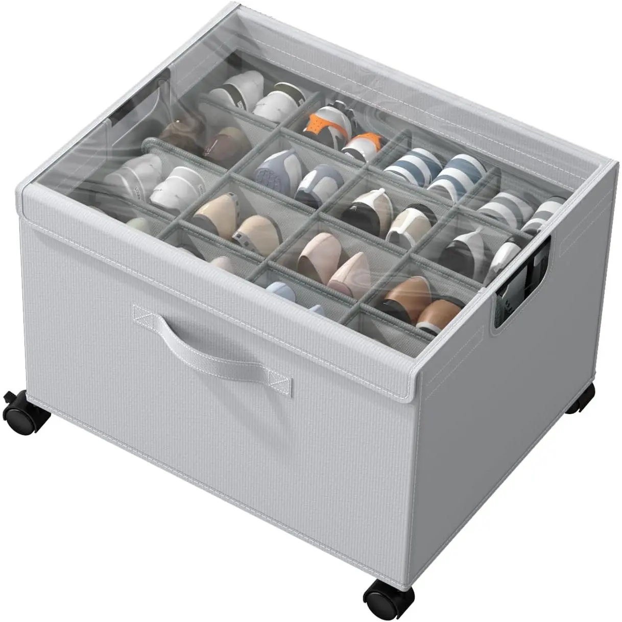 Shoe Organizer for Closet, Shoe Storage Organizer with Reinforced Metal‑Steel Frame, Lockable Wheels & Clear Dust‑Proof Lid, Foldable Shoe Box for Closet and Entryway, Grey