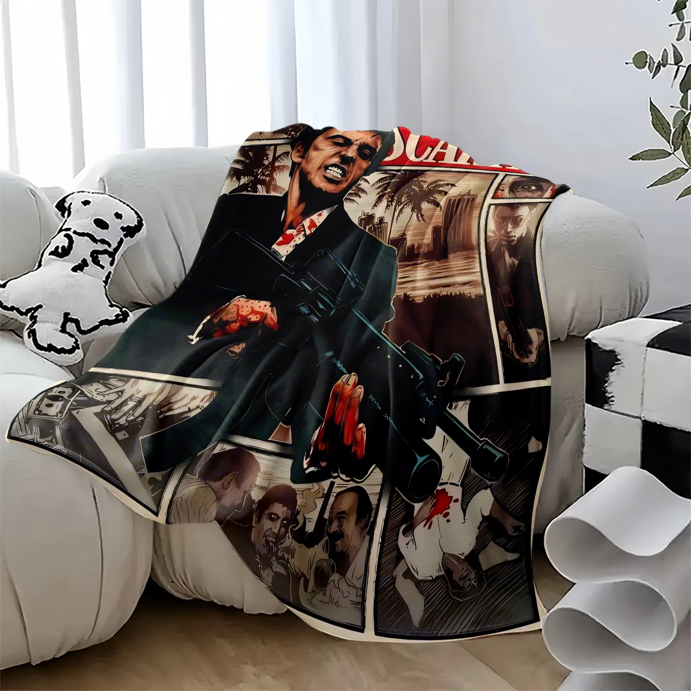 Classic Scarface Al Pacino Cartoon Style Flannel Blanket, Vintage Gangster Movie Poster, Retro Crime Film Men's Space Decor, Unique Gift for Fans