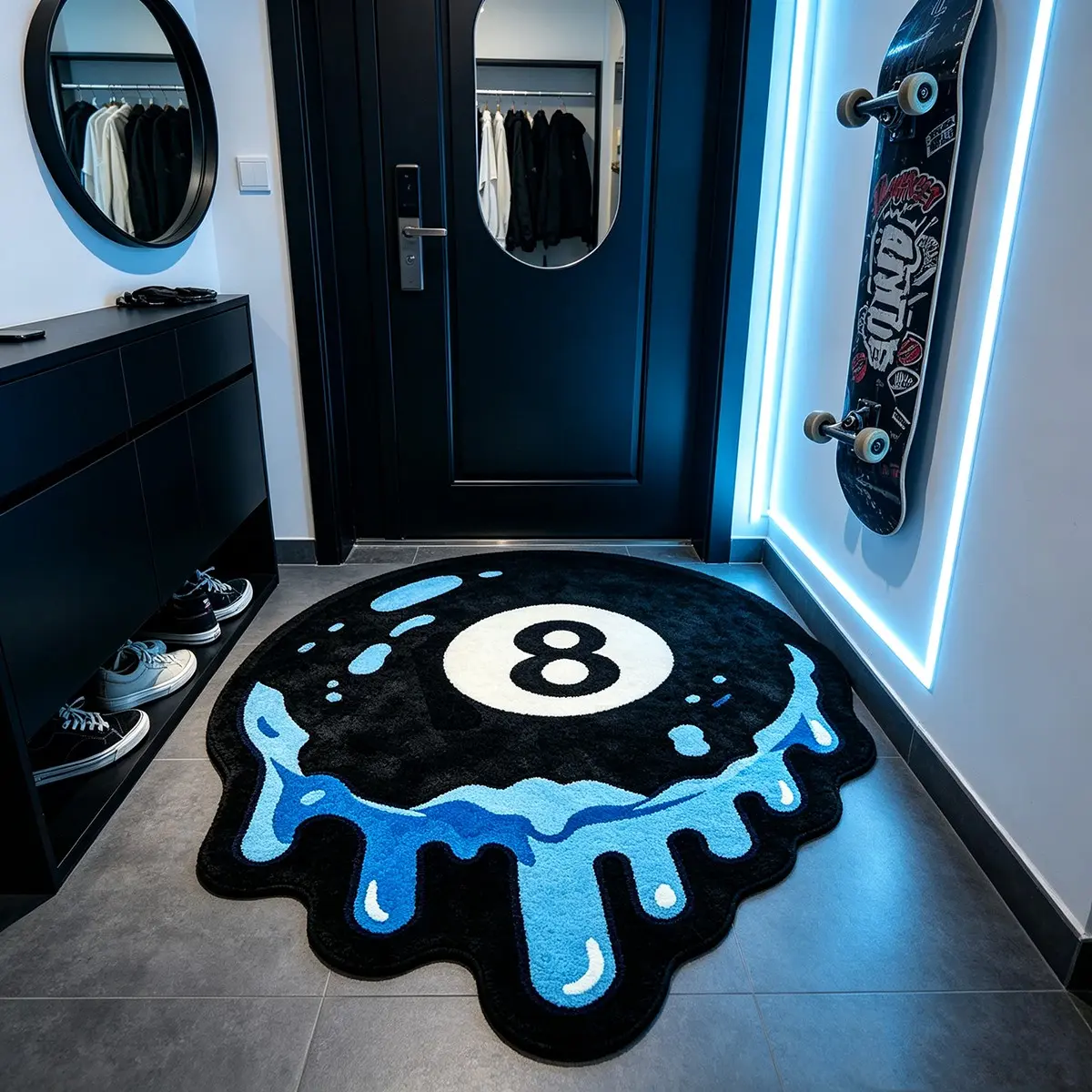 Blue Drop Ink 8 Ball Round Rug, Pool Melted Paint Trendy Pattern, Short Pile Soft Non-Slip Washable, Bedroom Gaming Room Living Room Entrance, Soft Area Rug, Indoor Rug