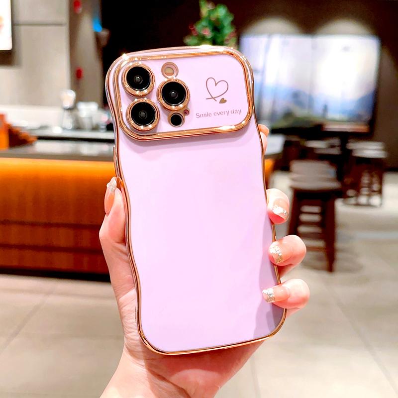 OREKROY [FreeShip] Cute Wave Shape with Love Heart Raised Camera Protection Phone case For iPhone 16 15 14 13 1211 Pro Max Accessories Durable Silicone Shiny Silicone Shiny Wavy