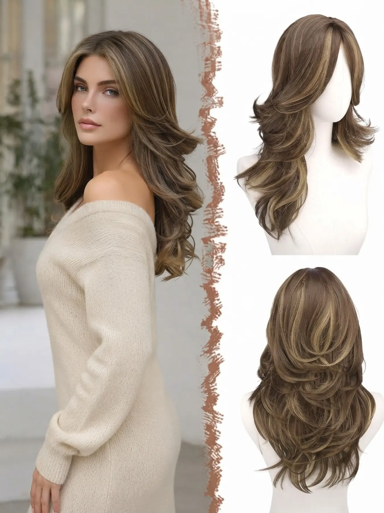 Long Layered Wavy Wig for Women Natural Ash Brown Highlight Synthetic Hair Wig Middle Part Feathered Cut Heat Resistant Soft Realistic Full Wig for Daily Wear Party Cosplay Wedding Vacation Hair Replacement