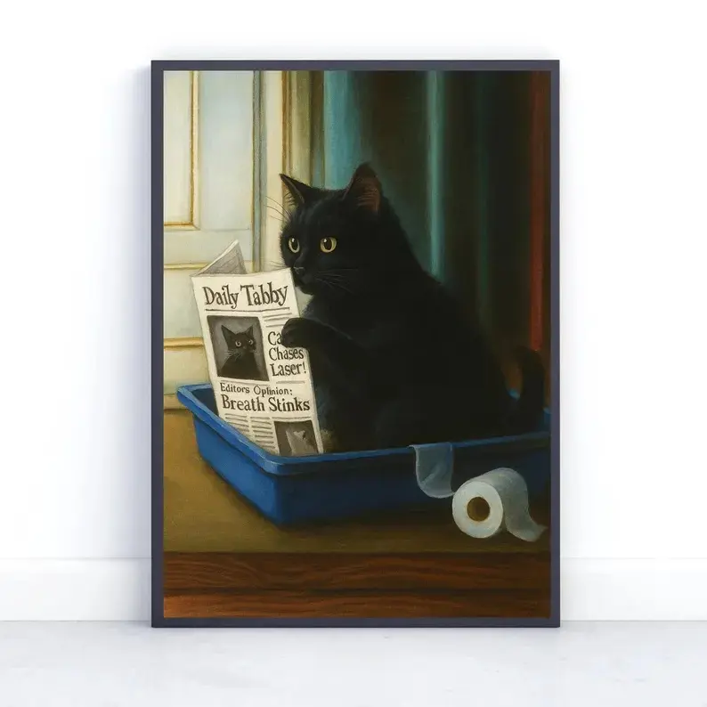 Silly Black Cat Framed Canvas Poster, Funny Bathroom Canvas Wall Art with Wooden Frame, Reading Newspaper Cat Printed Wall Decor for Restroom Home