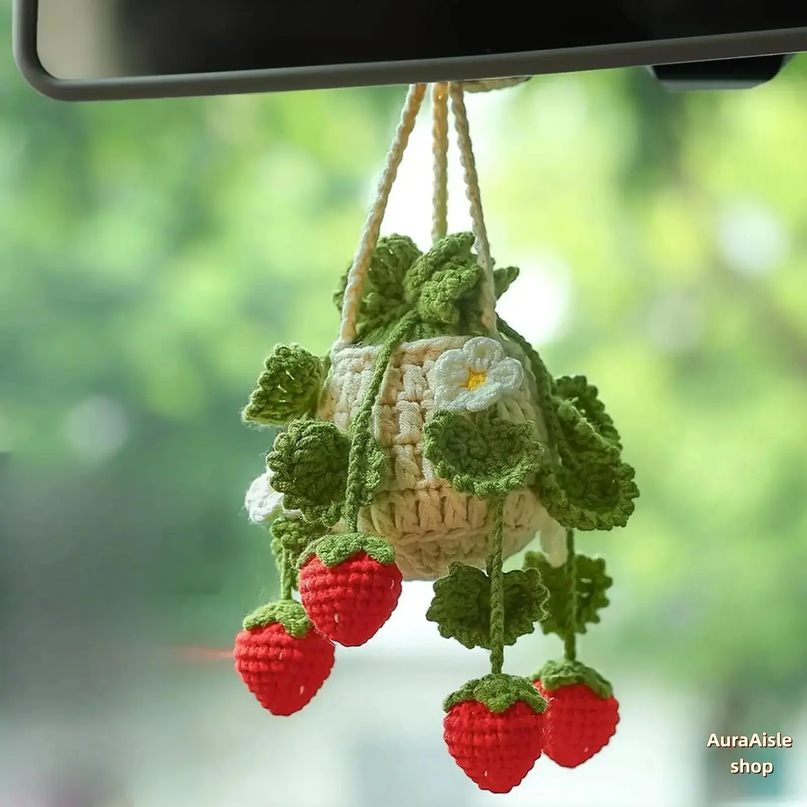 Handmade Crochet Plant Shaped Rearview Mirror Hanging Ornament, Lovely Knitted Auto Interior Pendant, Delicate Decorative Accessory For Women’s Vehicle Styling And Personalized Car Interior Aesthetic Upgrade