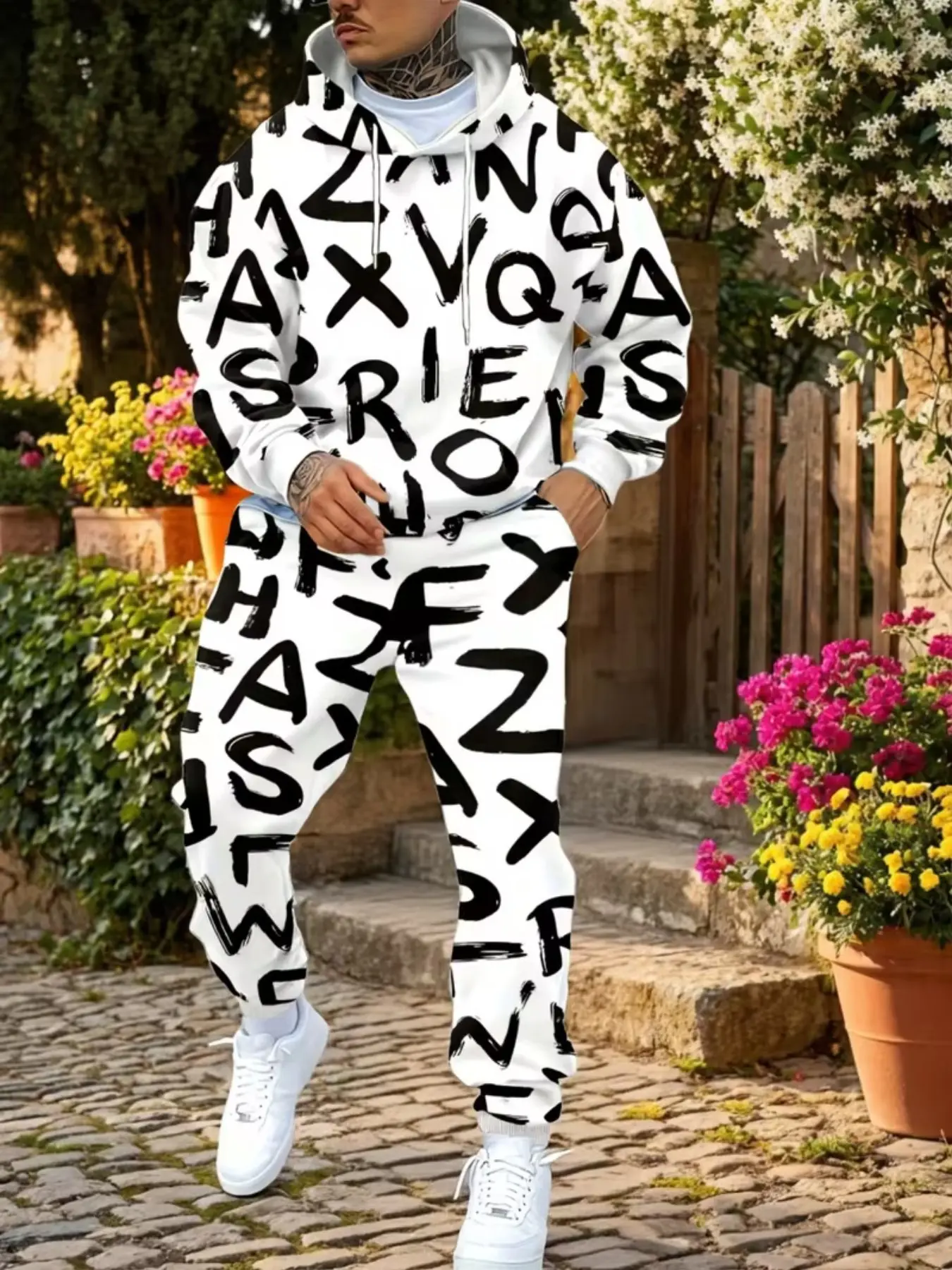 Men's Hooded Sweatshirt and Pants Set, Base Graffiti Letter Full Print, 3D Digital Print, Loose Street Style, Casual Sportswear