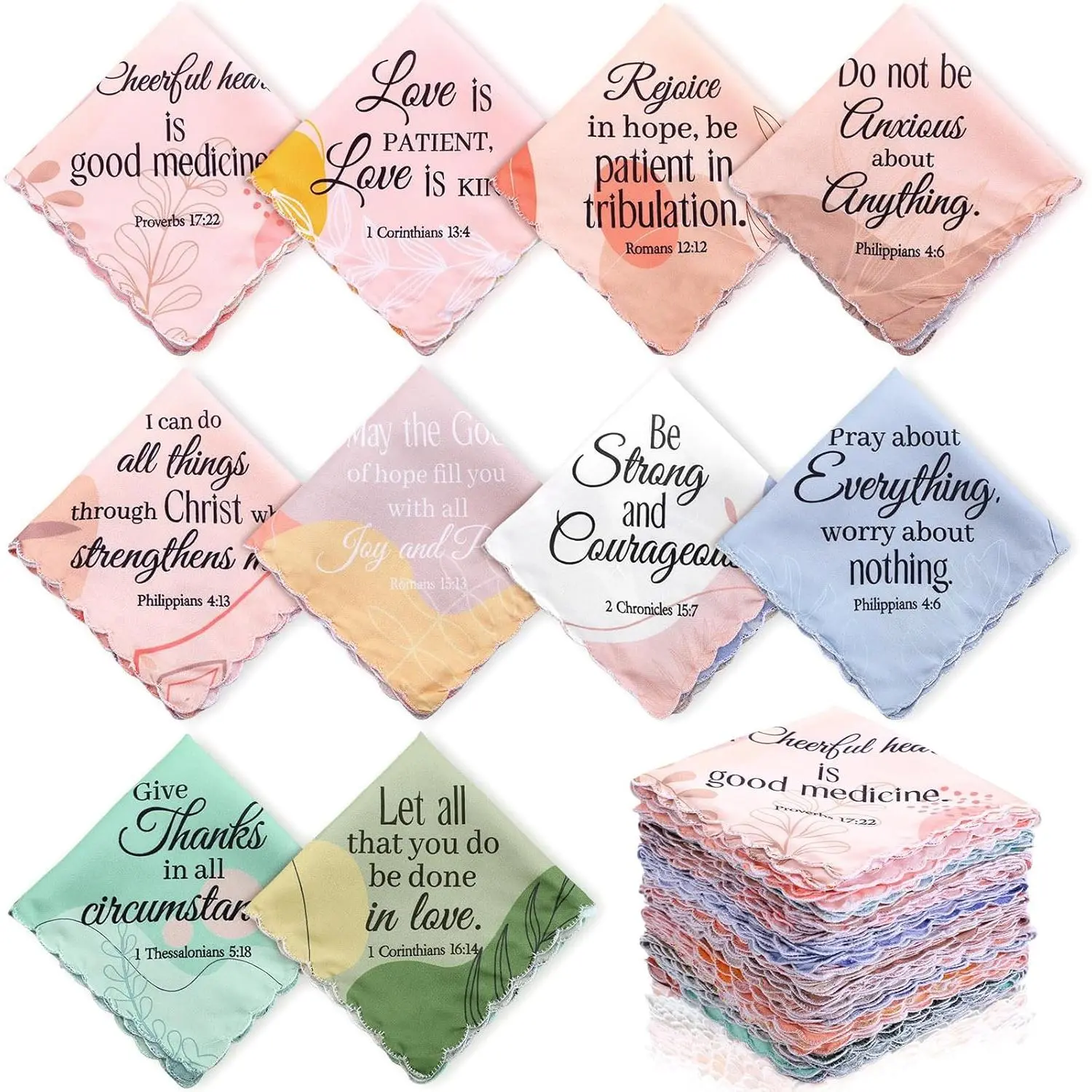 Women's 10-Pack Square Handkerchiefs, Boho Christian Bible Verse Inspirational Hankies, Bulk Religious Church Mother’s Day Gift for Ladies (No Additional Accessories)