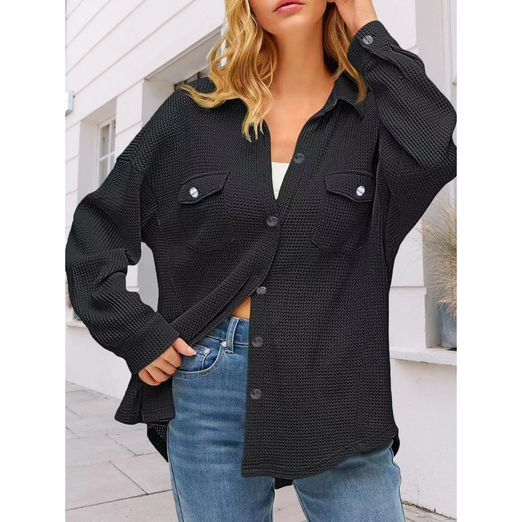 Women's Waffle Knit Shacket, Oversized Lapel Long Sleeve Button Down Shirt Jacket, Casual Fall Daily Outerwear with Chest Pockets
