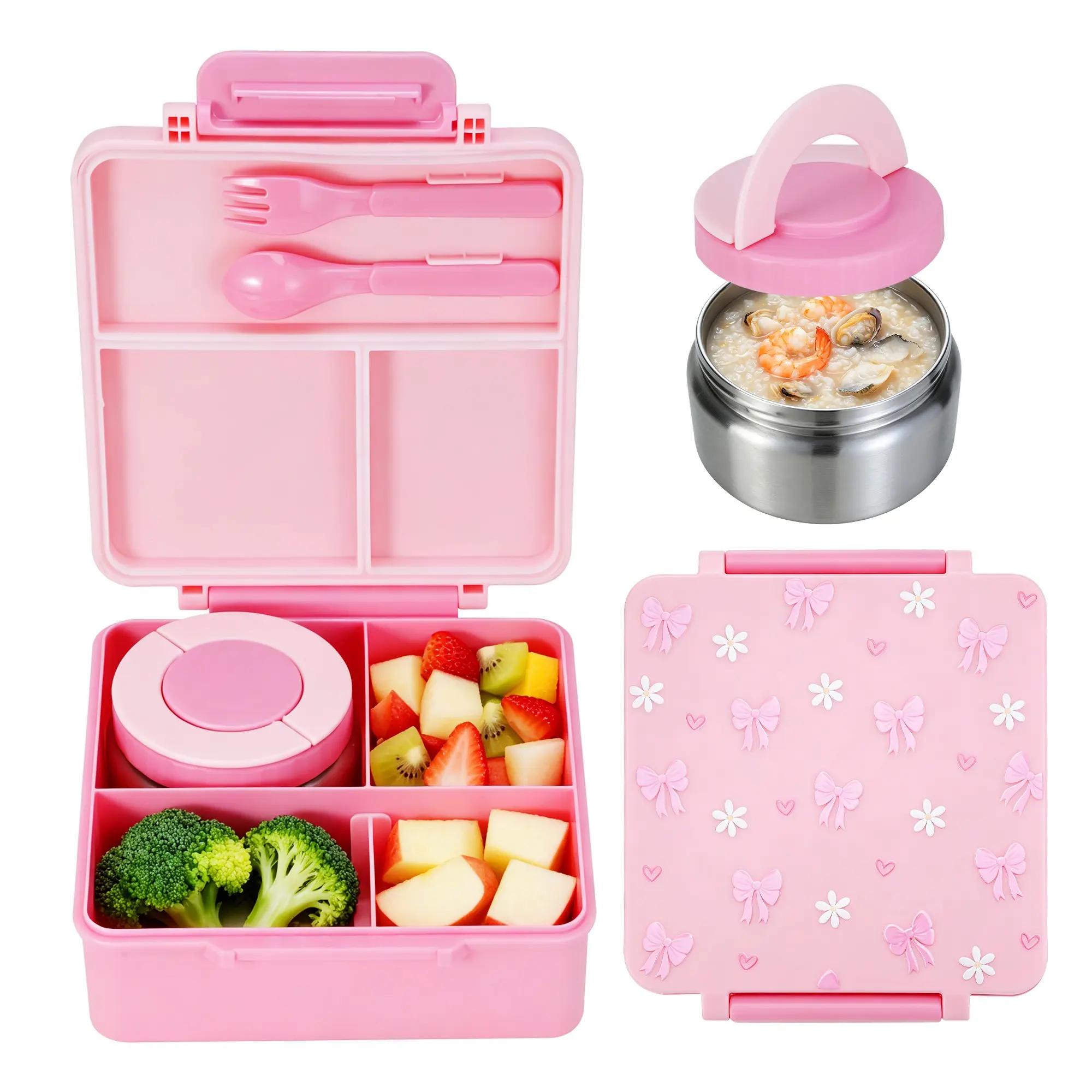 Bento Lunch Box for Kids with 8oz Thermo Containers for School,Camping | Vacuum Insulated Food Jar,Leakproof Silicone-Seal,5 Compartments with Dividers,Dishwasher & Refrigerator Safe,BPA-Free