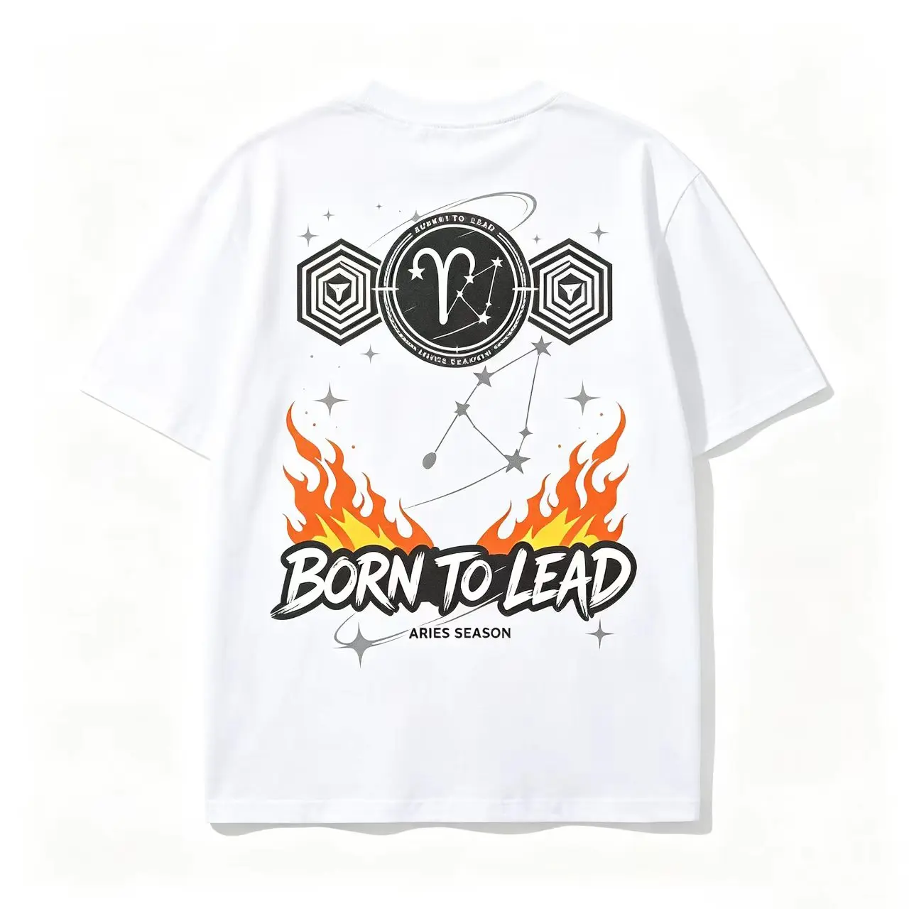 Aries Zodiac Graphic Tee – "Born to Lead" Ram Constellation with Fire Design, Bold Astrology Cotton Shirt, Perfect Gift for March/April Birthdays, Best Leader Vibe Outfit