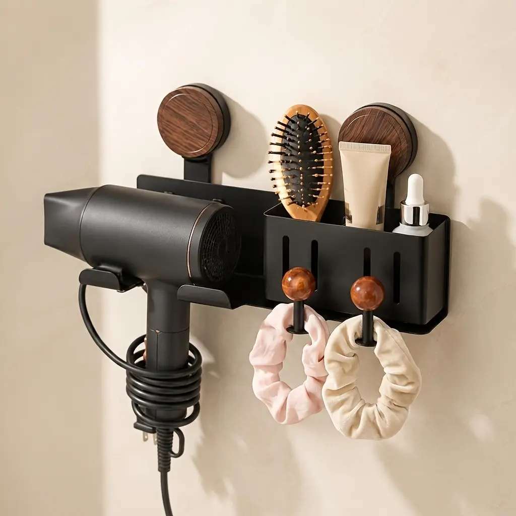 Hair Dryer Holder with Suction Cup, No Drilling Comb Skincare Organizer Stand, Universal Hair Dryer Comb Rack, Space-Saving Storage Solution