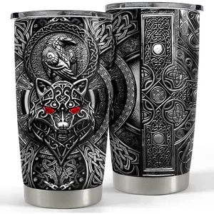 Celtic Wolf and Raven Stainless Steel Tumbler, 20oz Vacuum Insulated Coffee Travel Mug with Lid, 2D Printed  Tumbler, Norse Mythology Odin Symbols Design, Gothic Viking Gifts for Men Women