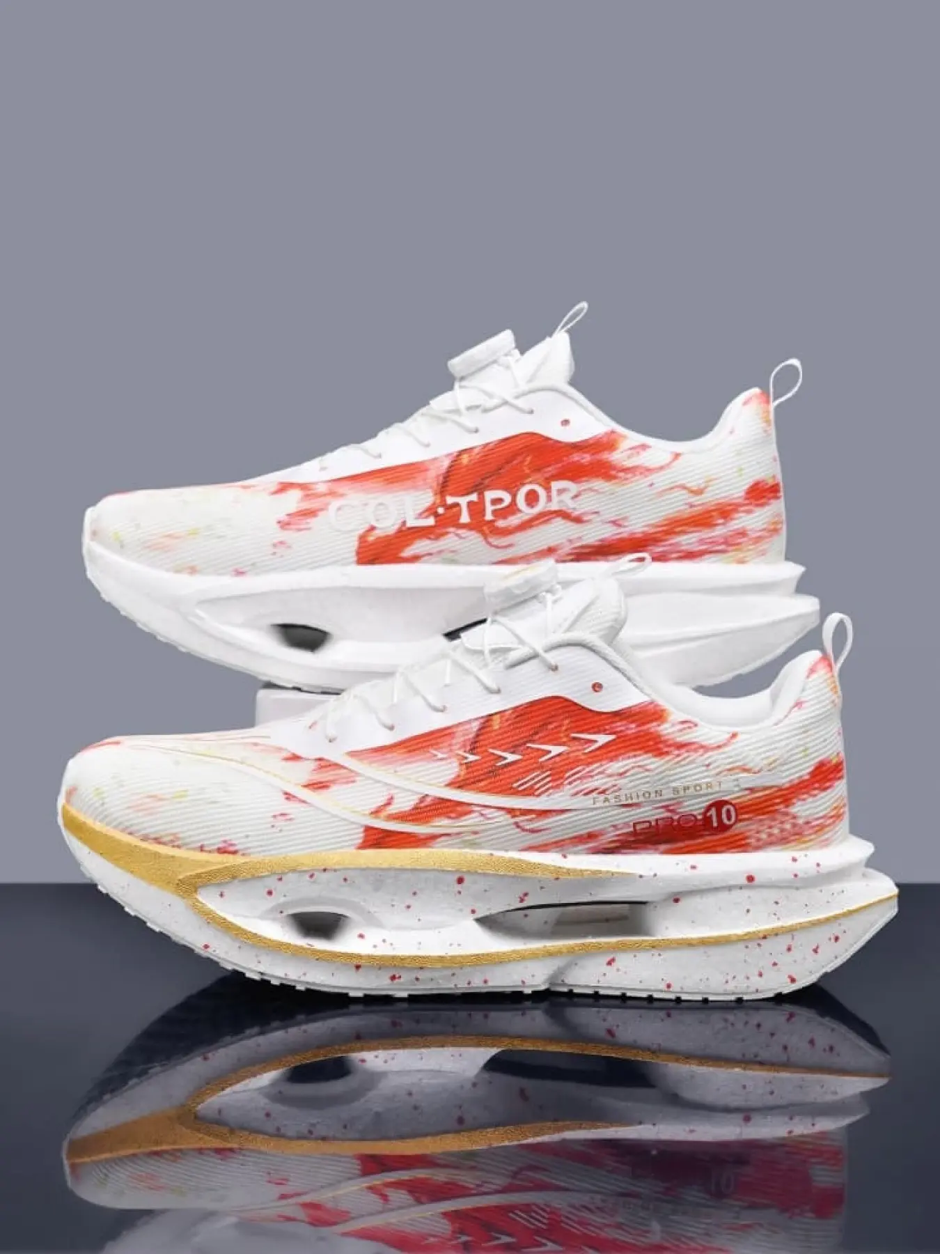 1 Pair Unisex White-Red Splatter Print Racing Running Shoes. Lightweight racing style, breathable woven mesh, only 210g per shoe, anti-slip & wear-resistant outsole. Suitable for sprint, marathon training, competitions and daily wear