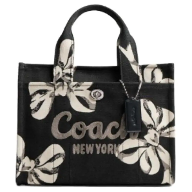 COACH Cargo 26 Top-Zip Tote Bag for Women, Bow-Printed Fabric Shoulder Crossbody Handbag in Black