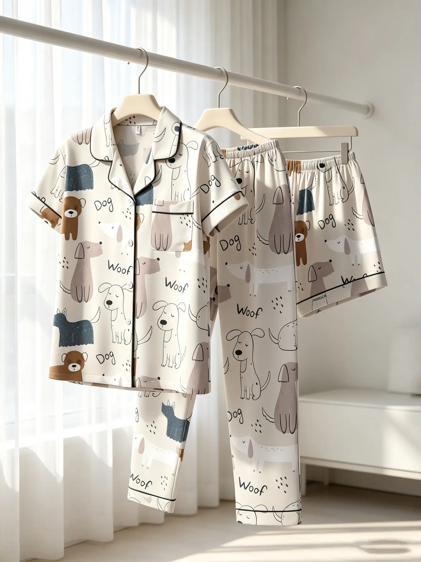 Women's 3-Piece Button-Down Pajama Set, Beige Cartoon Dog Print, Black Piping, Front Pocket, Elastic Waist, All Season Wear, Cozy Minimalist Cute Dog Print Loungewear Set