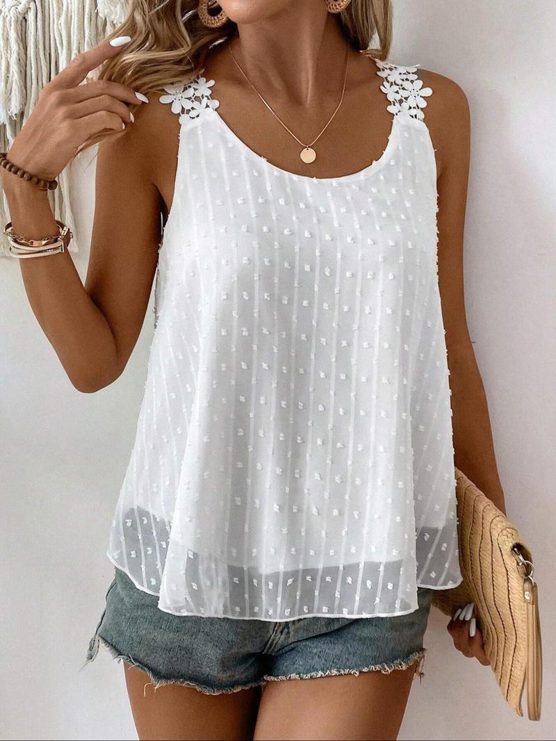 Women's Floral Applique Patchwork Round Neck Tank Top Cami Spaghetti Strap