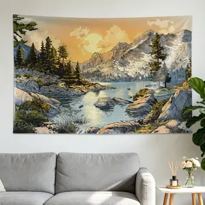 Sunset Mountain Lake Landscape Wall tapestry,Large size Printed Horizontal Tapestry blanket,Polyester Fabric Wall Hanging for living room,bedroom,No Installation Required,Indoor,Outdoor,Gift for Family and Friends