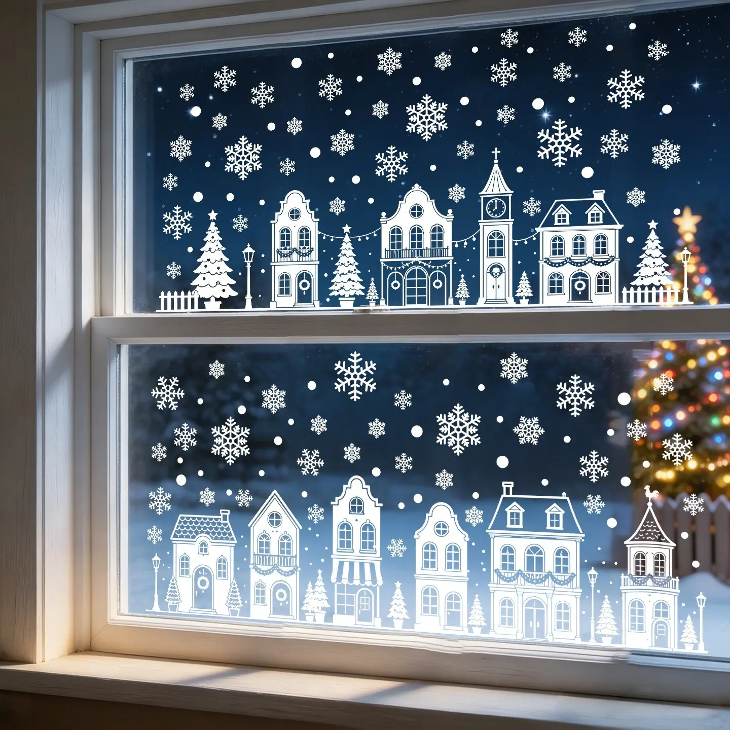 4 Sheets/set Christmas House Snowflake Window Stickers, Winter Village Cutout Stickers, Holiday Party Glass Display Decorative Static Stickers