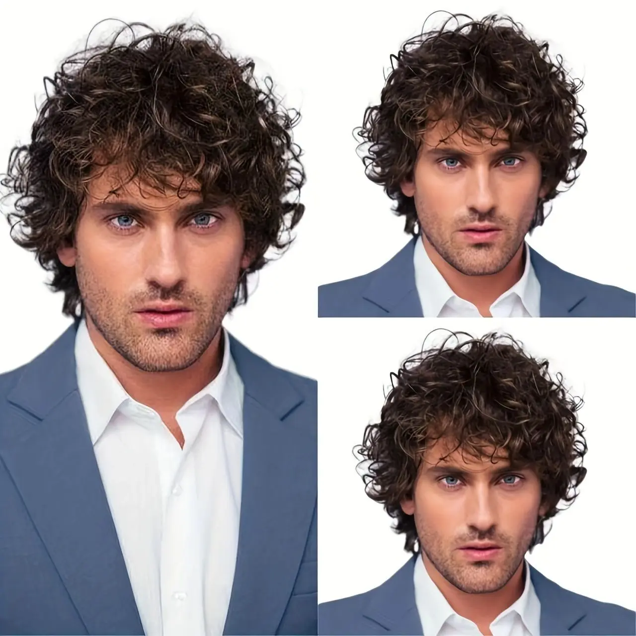 Dark Brown Fluffy Short Curly Men Full Wig, Flip Up Bangs Synthetic Hair Wig Natural Style for European Guys Daily Use