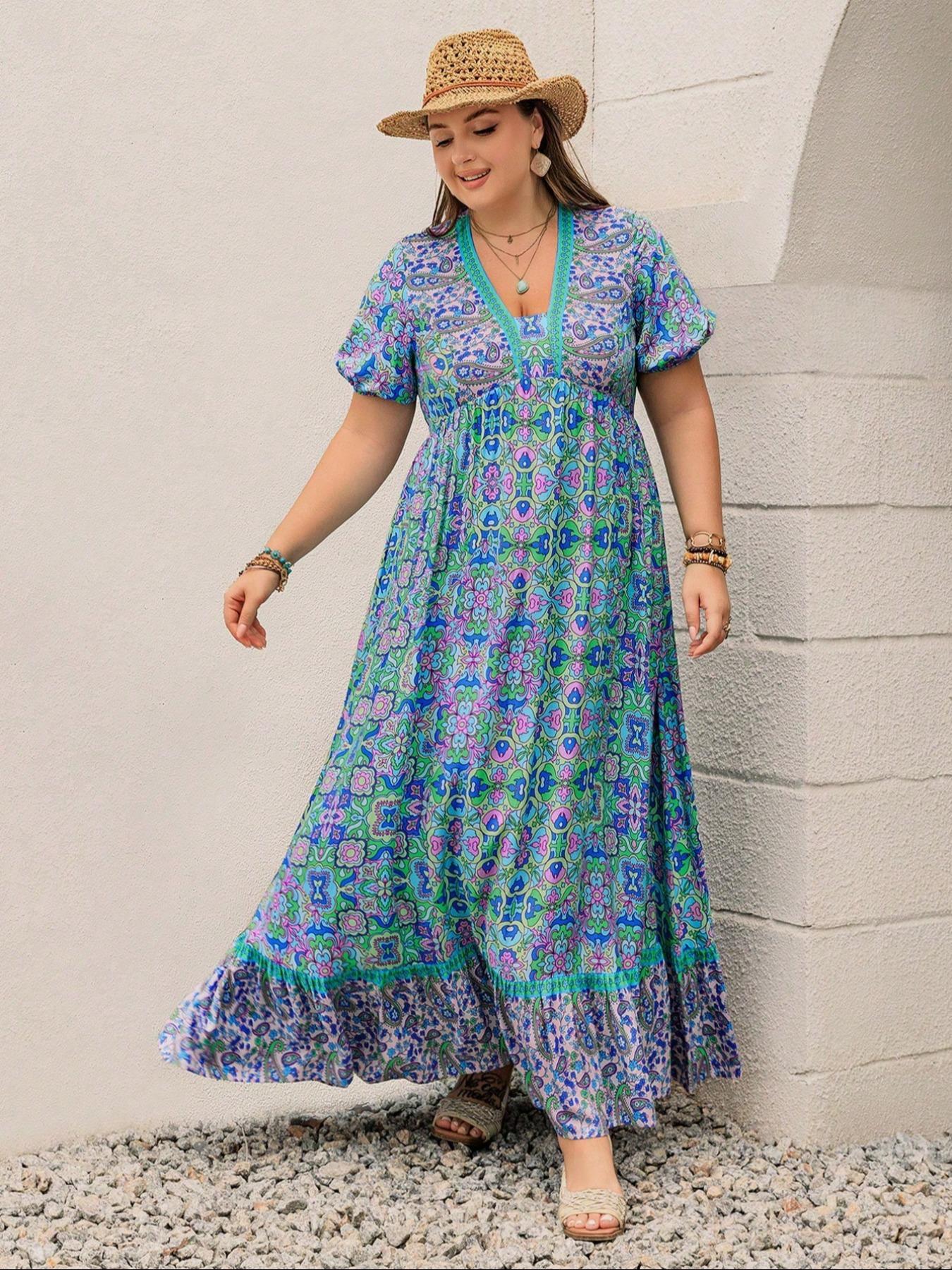 【Plus Size】 Floral Print Short Sleeve Dress, Boho Fashion Casual Dress for Beach Holiday Vacation, Women's Plus Clothing for Summer, Bohemian, Bohemian Casual Wear, Boho Summer Outfit