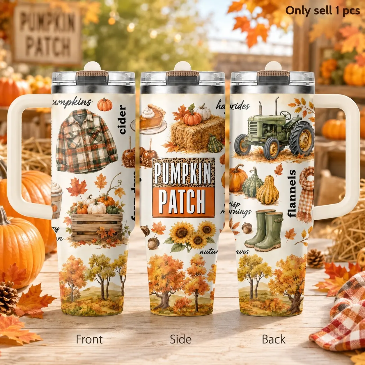 Autumn Pumpkin 40oz Tumbler – Fall Season Stainless Steel Insulated Travel Mug with Handle & Straw Lid for Coffee, Water, Thanksgiving, Office, Car, Cozy Autumn Gift