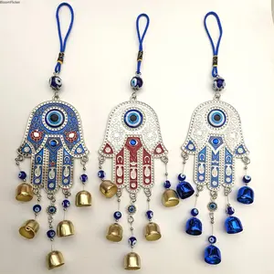 Hamsa Hand Evil Eye Wind Chime Wall Hanging Ornament, Turkish Blue Nazar Eye Metal Bell Pendant, Vintage Bohemian Home Door Wall Decor Gift