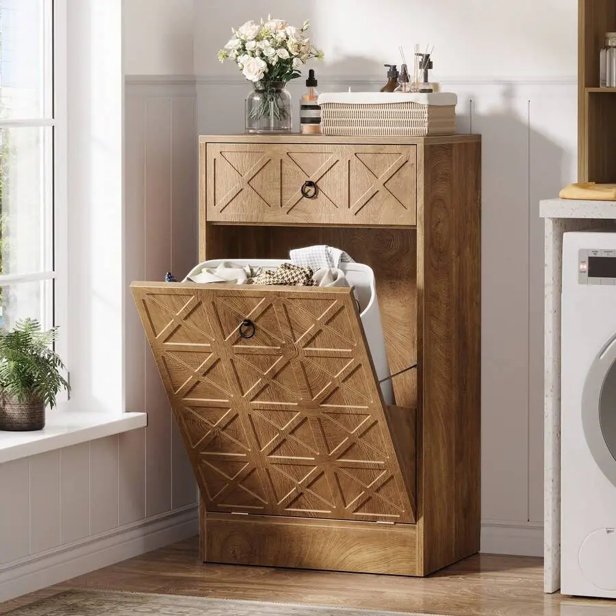 13 Gallon Tilt-Out Laundry Hamper Cabinet With Drawer, Wooden Hidden Laundry Hamper, Freestanding Hamper Cabinet Bathroom Laundry Room, Rustic Brown