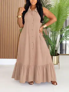 Women's Sleeveless Collared Shirt Dress, Long Maxi Dress with Full Button Front, Layered Ruffle Skirt, Loose Fit Vacation Dress