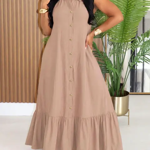 Women's Sleeveless Collared Shirt Dress, Long Maxi Dress with Full Button Front, Layered Ruffle Skirt, Loose Fit Casual Boho Chic Vacation Dress, Casual Summer Dresses, Womenswear
