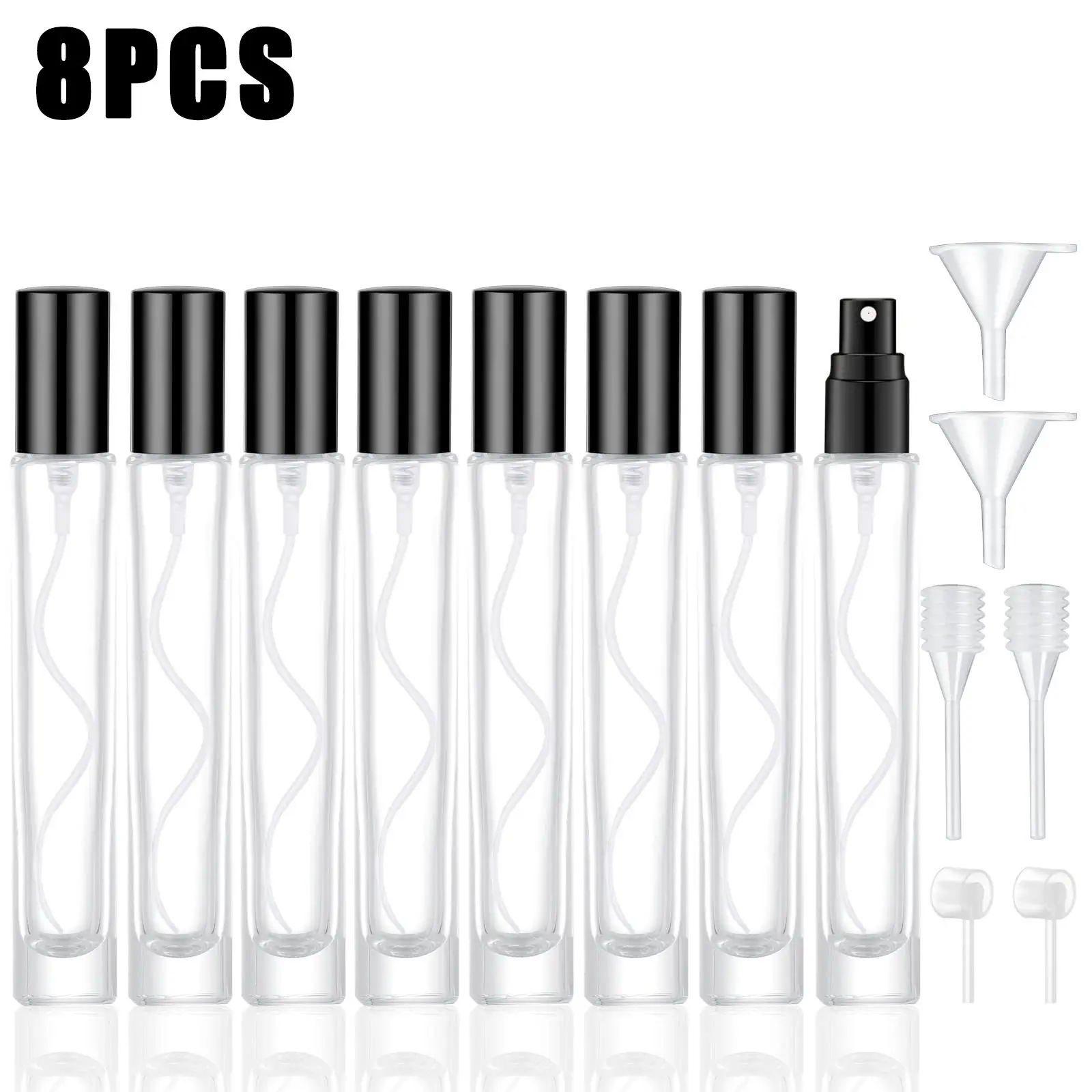 8-Pack 10ML Mini Compact Empty Perfume Spray Bottles, Cylindrical Refillable Fine Mist Sprayer, Portable Glass Perfume Bottle, Includes Accessories