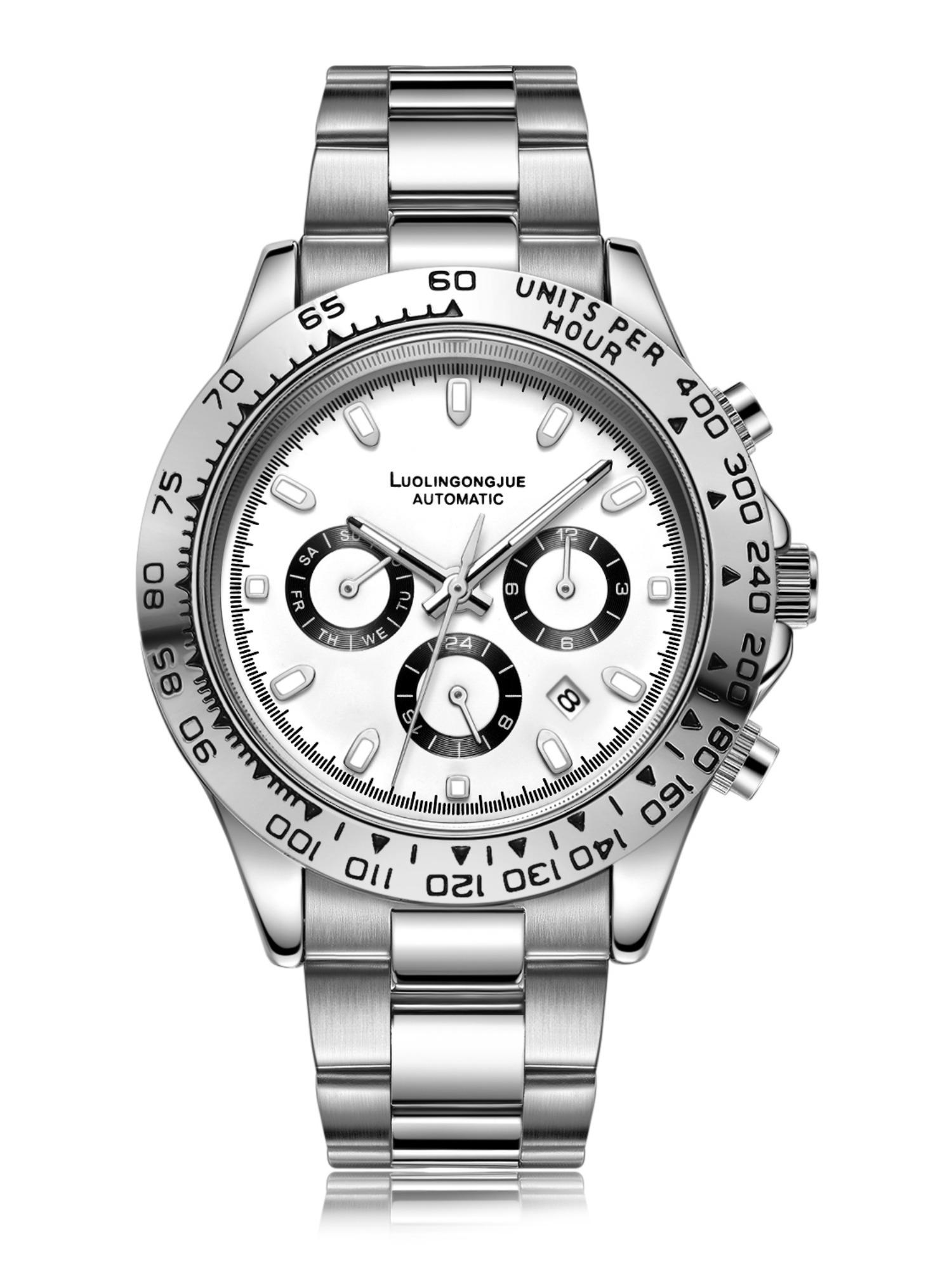 Multi-Function Chronograph Mechanical Watch for Men, Skeleton Stainless Steel Automatic Self-Winding Timepiece with Month, Date, Day, and 24-Hour Display – Luxury Gift for Business & Fashion