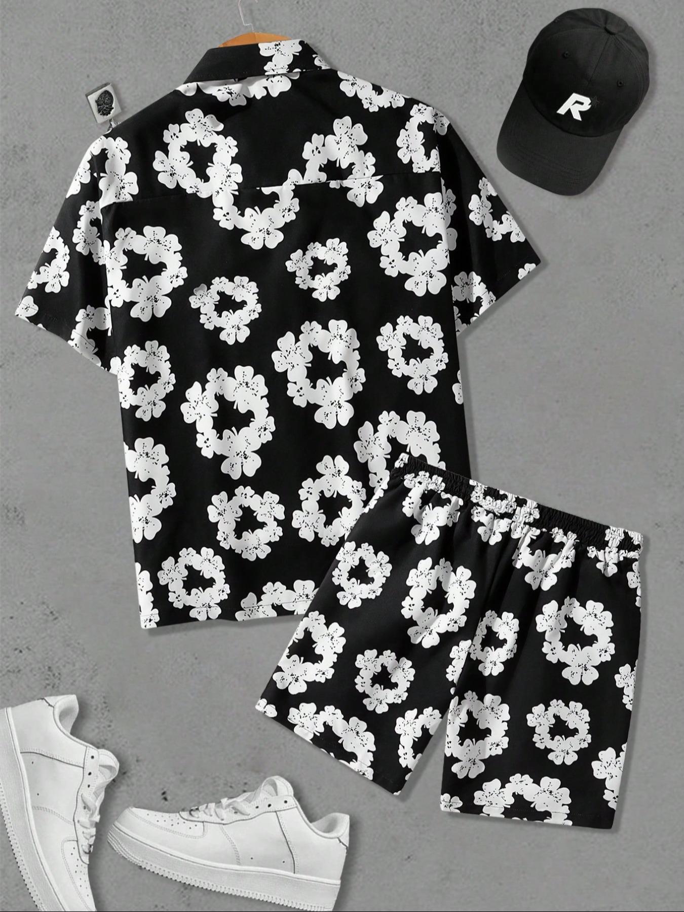 Men's Floral Print Shirt & Shorts Set, Regular Fit Casual Short Sleeve Button Top & Shorts, Men's Summer Outfits Set for Beach Vacation