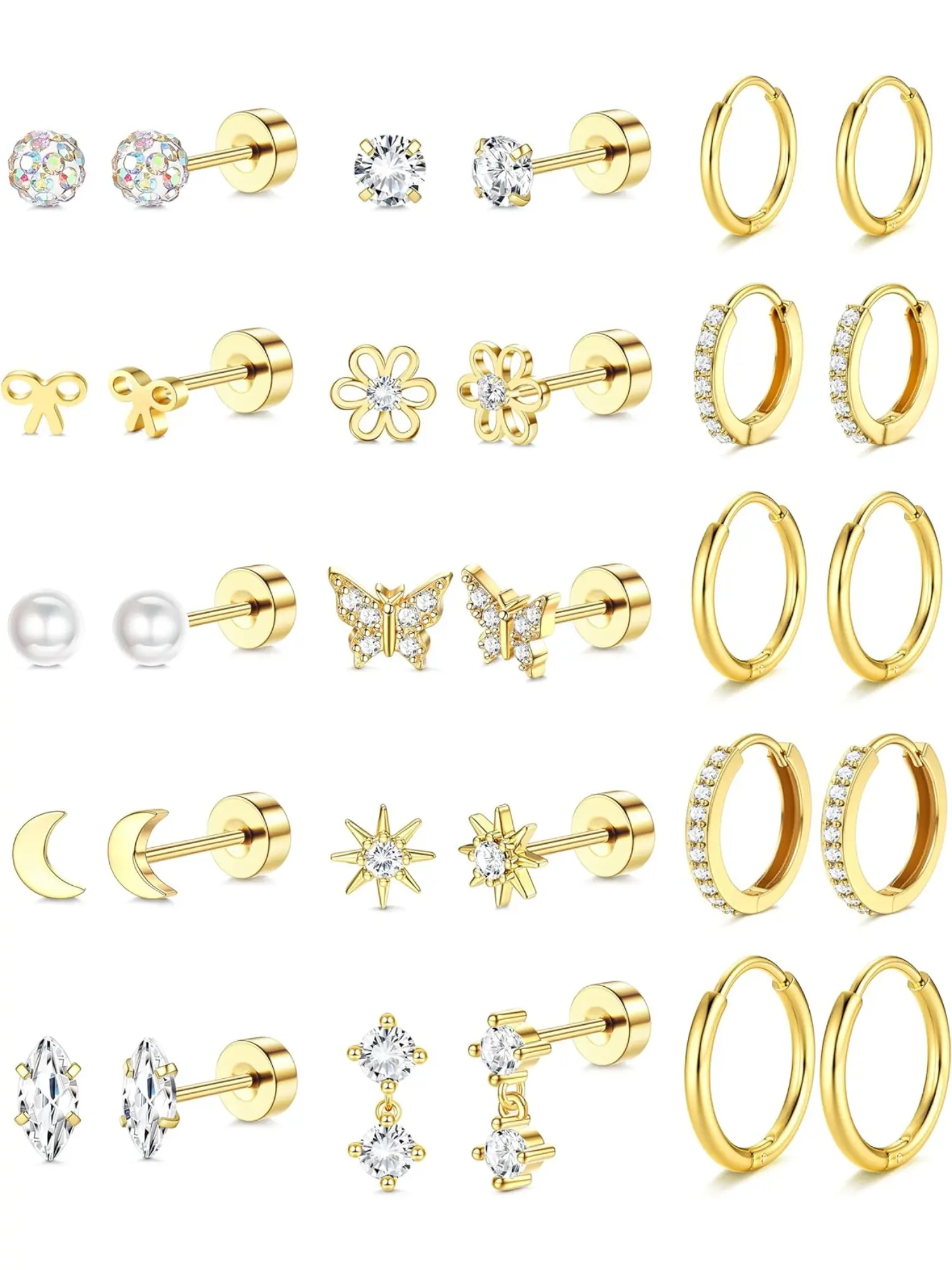 15 Pairs 316L Surgical Stainless Steel Flat-back Earrings for Women Girls 14K Gold-plated Surgery Earrings Earrings Girls Cute Earrings Earrings Set Small Huggie Hoops Cartilage Earrings Stack Trend Jewelry