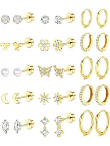 15 Pairs of 14K Gold-plated Flat-back Earrings Hypoallergenic Surgery Stainless Steel Earrings Earrings Girls Cute Earrings Earrings Set Small Huggie Hoops Cartilage Earrings Stack.