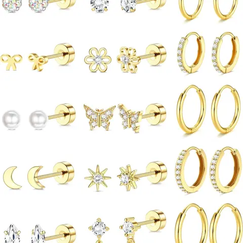15 Pairs 316L Stainless Steel Flatback Earrings for Women Girls 14K Gold Plated Surgery Earrings Cute Earrings Earrings Set Small Huggie Hoops Earrings Stack Trend Jewelry Earring Stacking Set