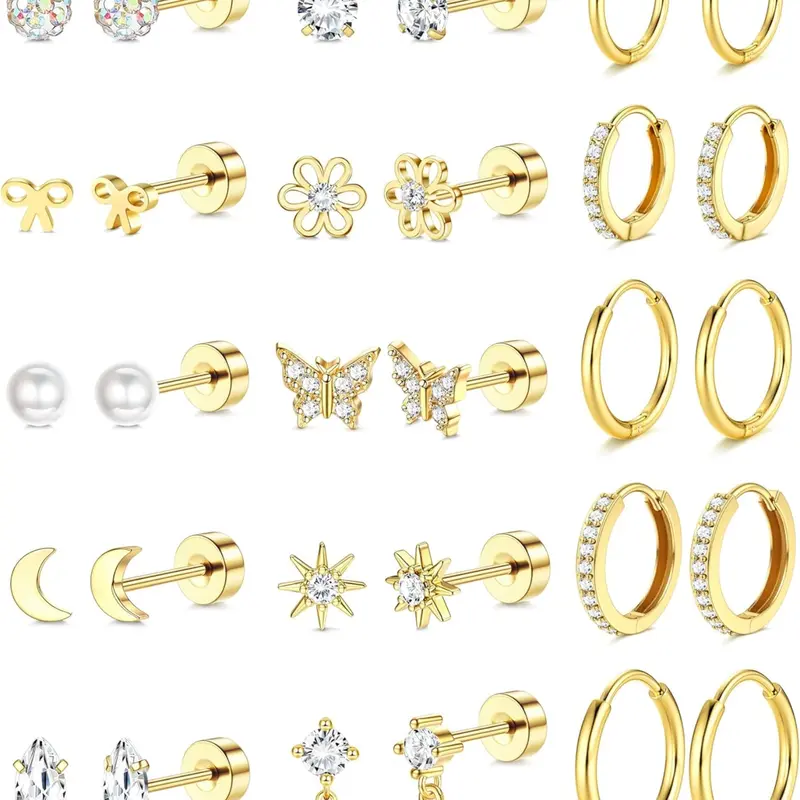 15 Pairs 316L Stainless Steel Flatback Earrings for Women Girls 14K Gold Plated Surgery Earrings Cute Earrings Earrings Set Small Huggie Hoops Earrings Stack Trend Jewelry Earring Stacking Set