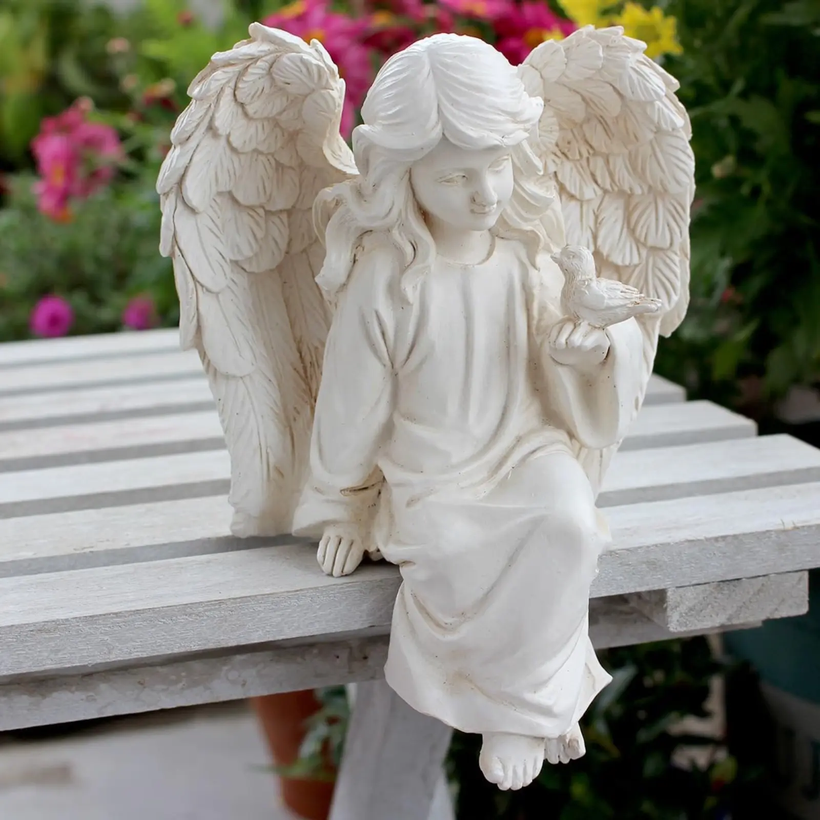 Vintage Resin Sitting Angel Sculpture with Bird, Memorial Angel Figurine for Garden Patio Yard Outdoor Home Decor, 6.1" H