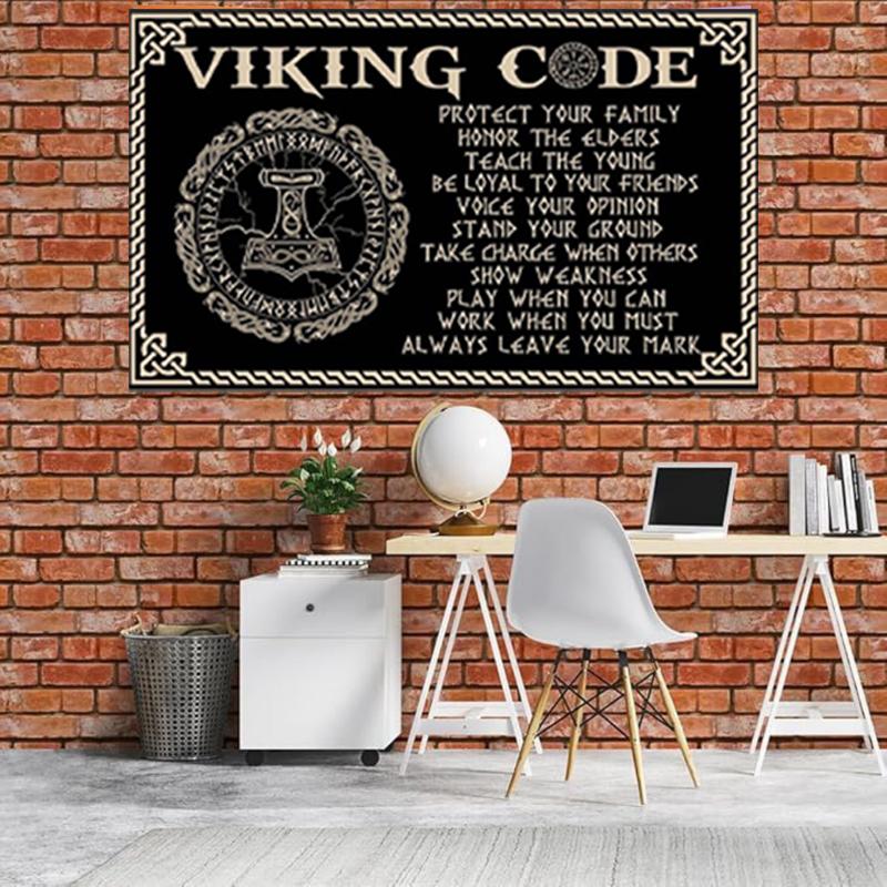 Viking Codex Flag Banner - 3x5 ft Norse Mythological Values Themed Home Decor, Black Background with Bold Red Text, Ideal for Men's Gifts, Living Room Decor